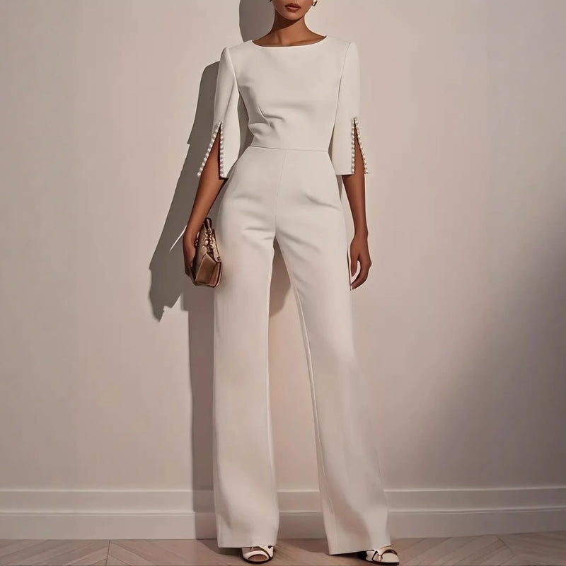 Maureen | Women’s Elegant Wide-Leg Jumpsuit with Pearl Trim