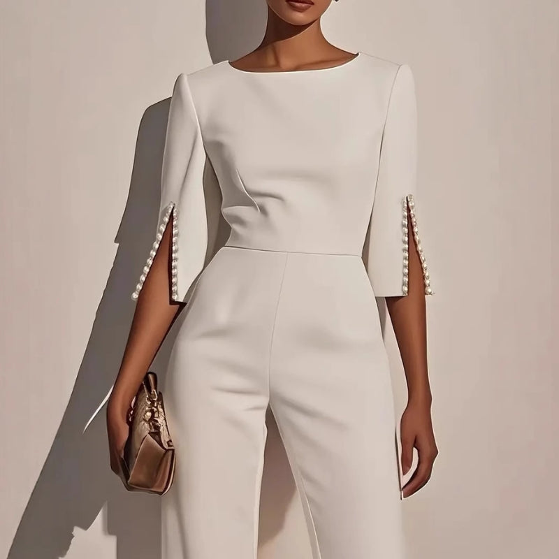 Maureen | Women’s Elegant Wide-Leg Jumpsuit with Pearl Trim