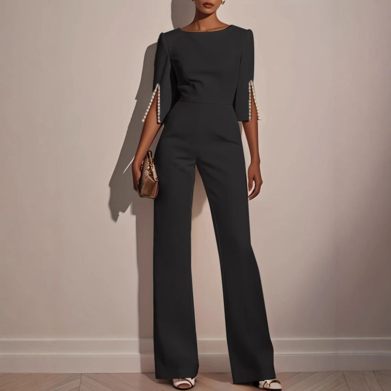 Maureen | Women’s Elegant Wide-Leg Jumpsuit with Pearl Trim