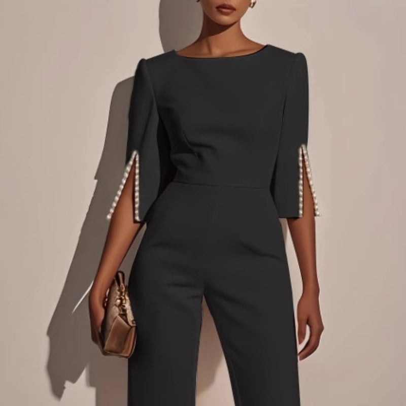 Maureen | Women’s Elegant Wide-Leg Jumpsuit with Pearl Trim