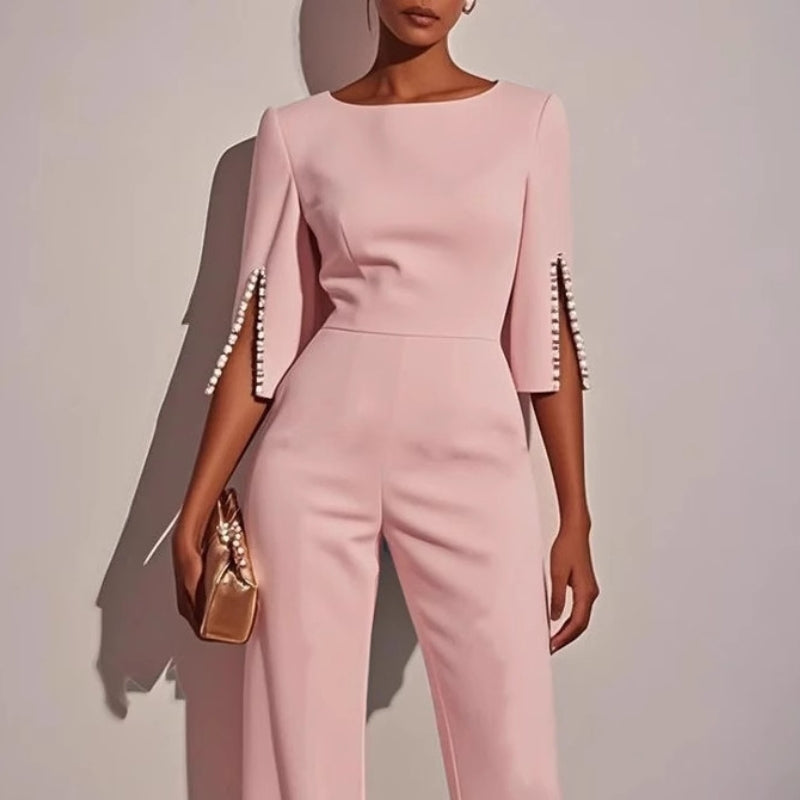 Maureen | Women’s Elegant Wide-Leg Jumpsuit with Pearl Trim