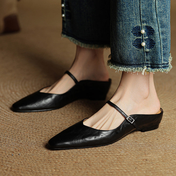 Womens Leather Mule Flats