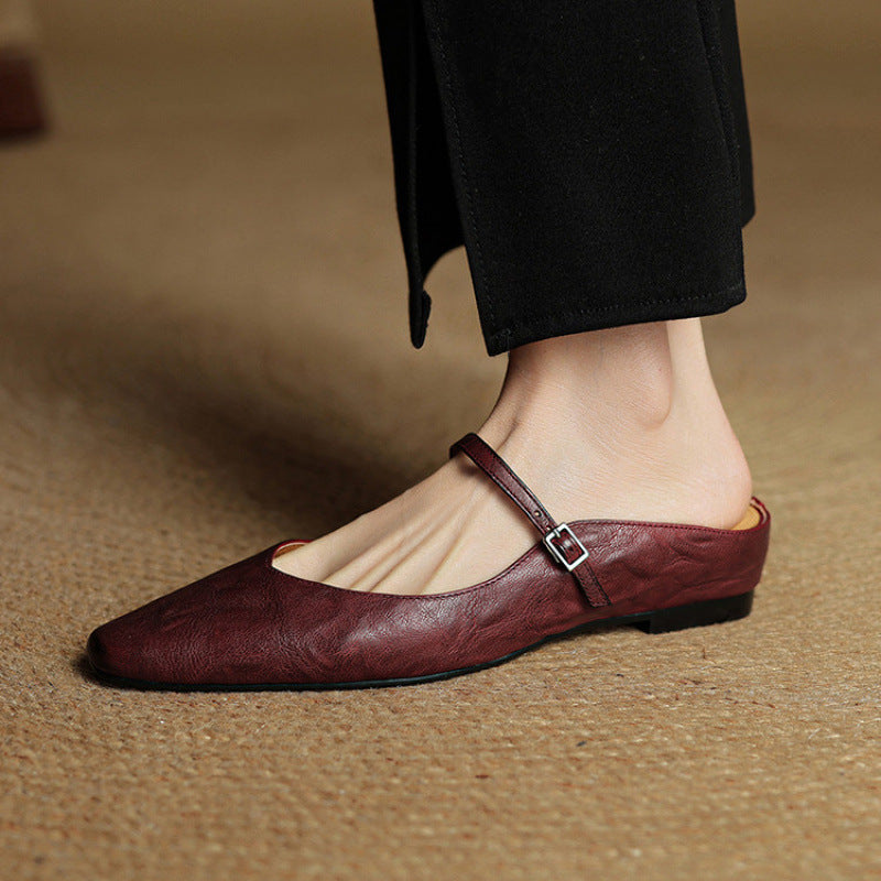 Womens Leather Mule Flats